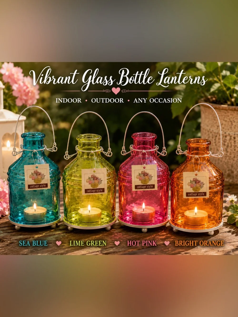 Hanging Glass Bottle Lanterns | Indoor Outdoor Tea Light Holders | Choose Color